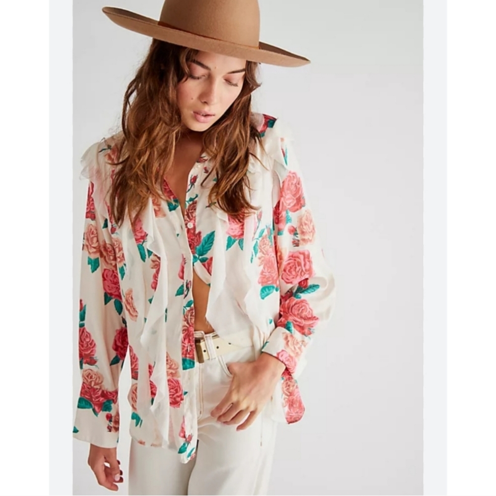Free People Floral Button Down Blouse Size Medium